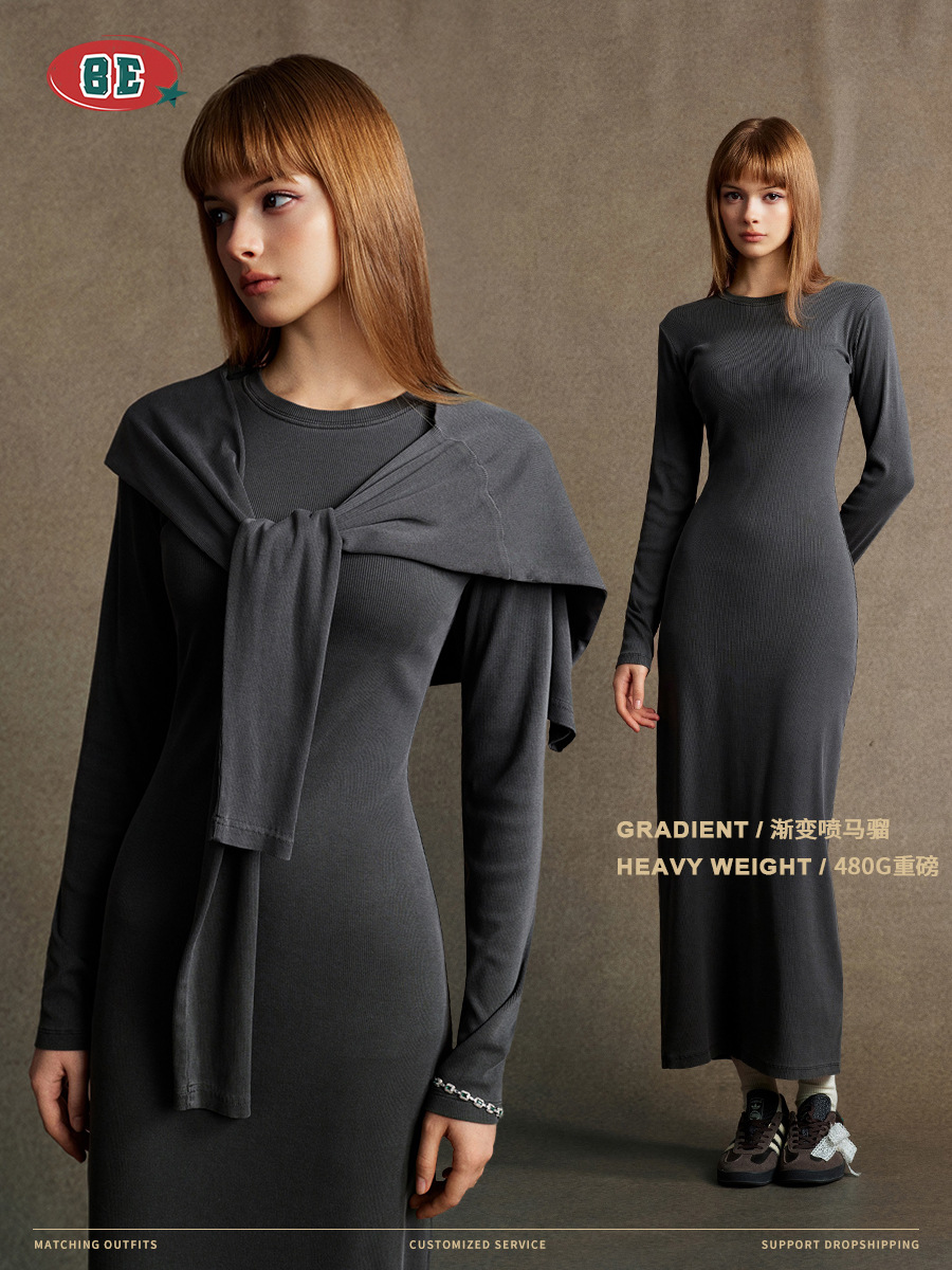 BE ropa de mujer europea y americana sexy chica caliente vestido delgado abierto vestido largo diseño sensación de lavado de agua hacer viejo chal dos piezas set mujeres