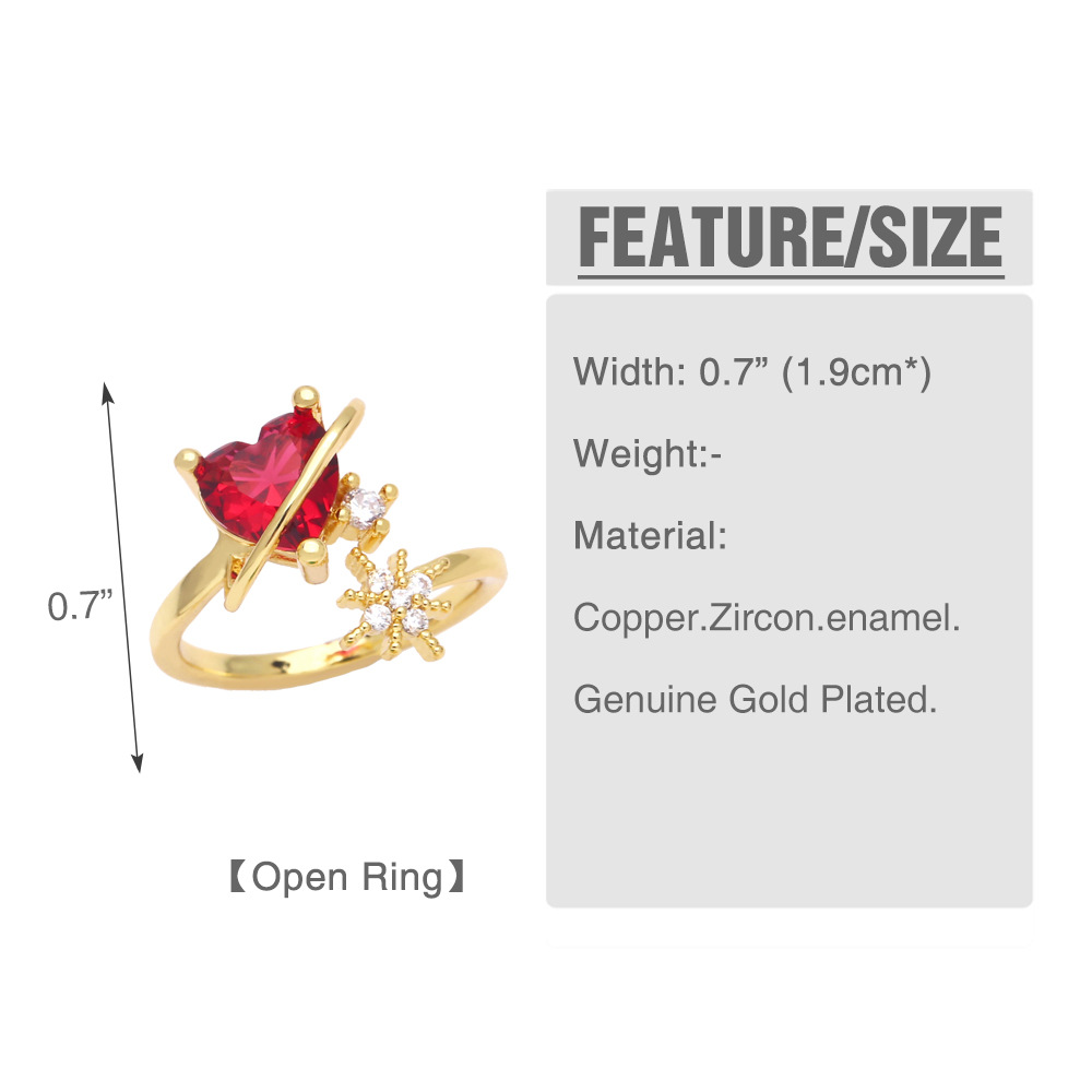 fashion inlaid zircon heart-shaped eight-pointed star copper opening ring