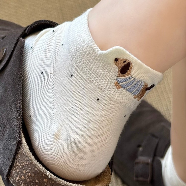 Polka Dot White Puppy Socks for Women, Summer Thin Style, Trendy Ins Style, Pure Cotton, Cute Cartoon Short Socks, Cotton Socks