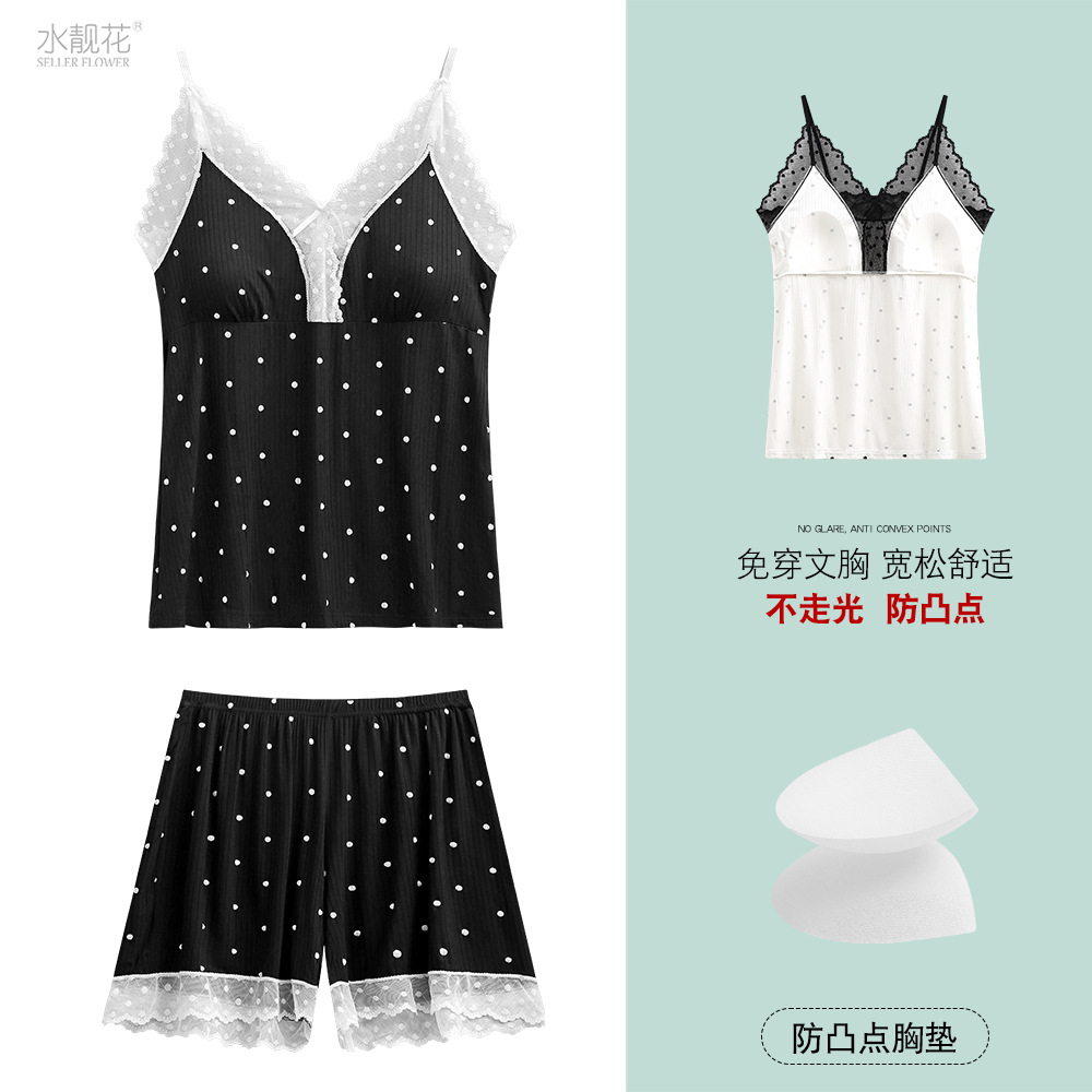 HOMEWEAR 정장 서스펜더 반바지 대비 색 레이스 폴카 도트 모달 패딩 잠옷 여성 여름 핫 스타일 도매