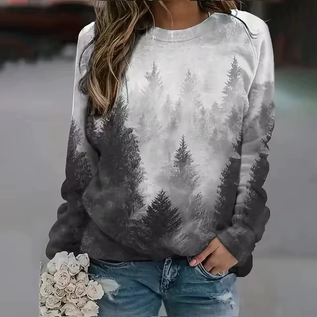 2024 женские топы и топы с длинными рукавами, футболки с круглым вырезом с лесным принтом, большая элегантная одежда, осень