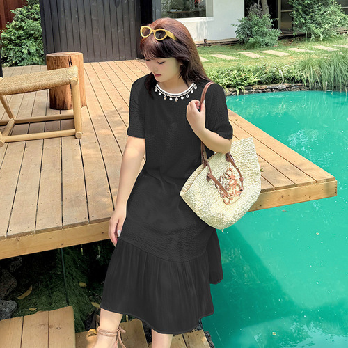 Yinoda Plus Size Sweet Spliced Ruffled Skirt Dress 2025 New Summer Round Neck Straight Tube Long Dress 232436 