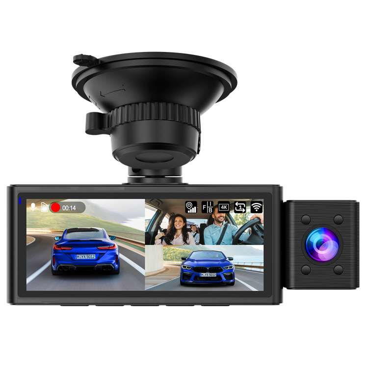 Cross-border 4K triple-camera dashcam with GPS tracking, wide-angle night vision, three-lens WIFI recorder, and reverse camera