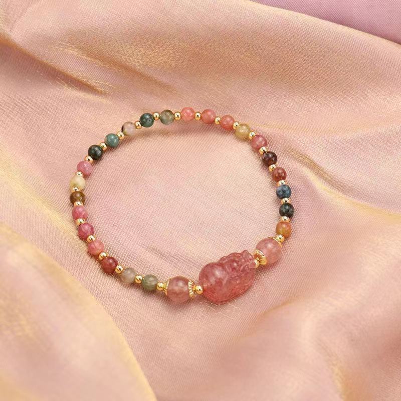 Natural Crystal Strawberry Crystal Pixiu Tourmaline Single Circle Bracelet Women's Best Friend Gift Fashion Birthday Year Hand Jewelry Gift