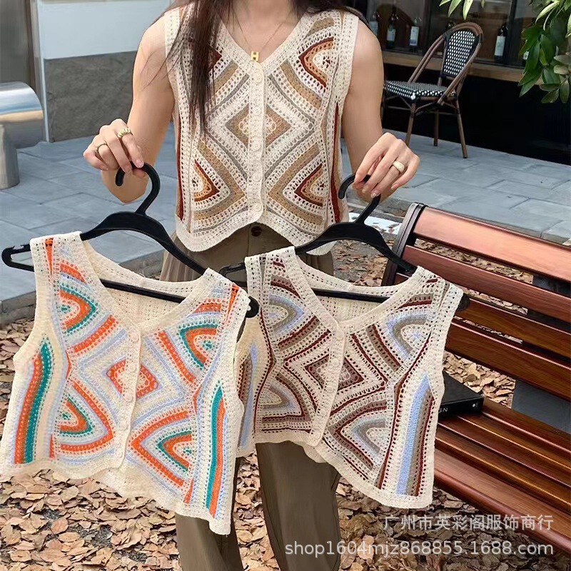 French Color Block Embroidery Single-breasted Crochet Hollow Knitted Cardigan Women's Early Autumn Elegant Short Outer Wear Top Vest