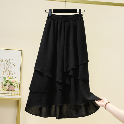 Plus-size women's summer fashion trendy casual comfortable loose textured cotton-linen irregular maxi skirt