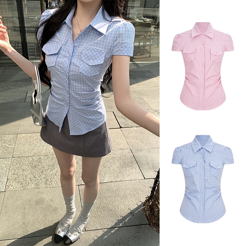 Magic Queen Style Striped Short-Sleeve Shirt for Women, Summer Fitted Waist-Cut Slim-Fit Versatile Top
