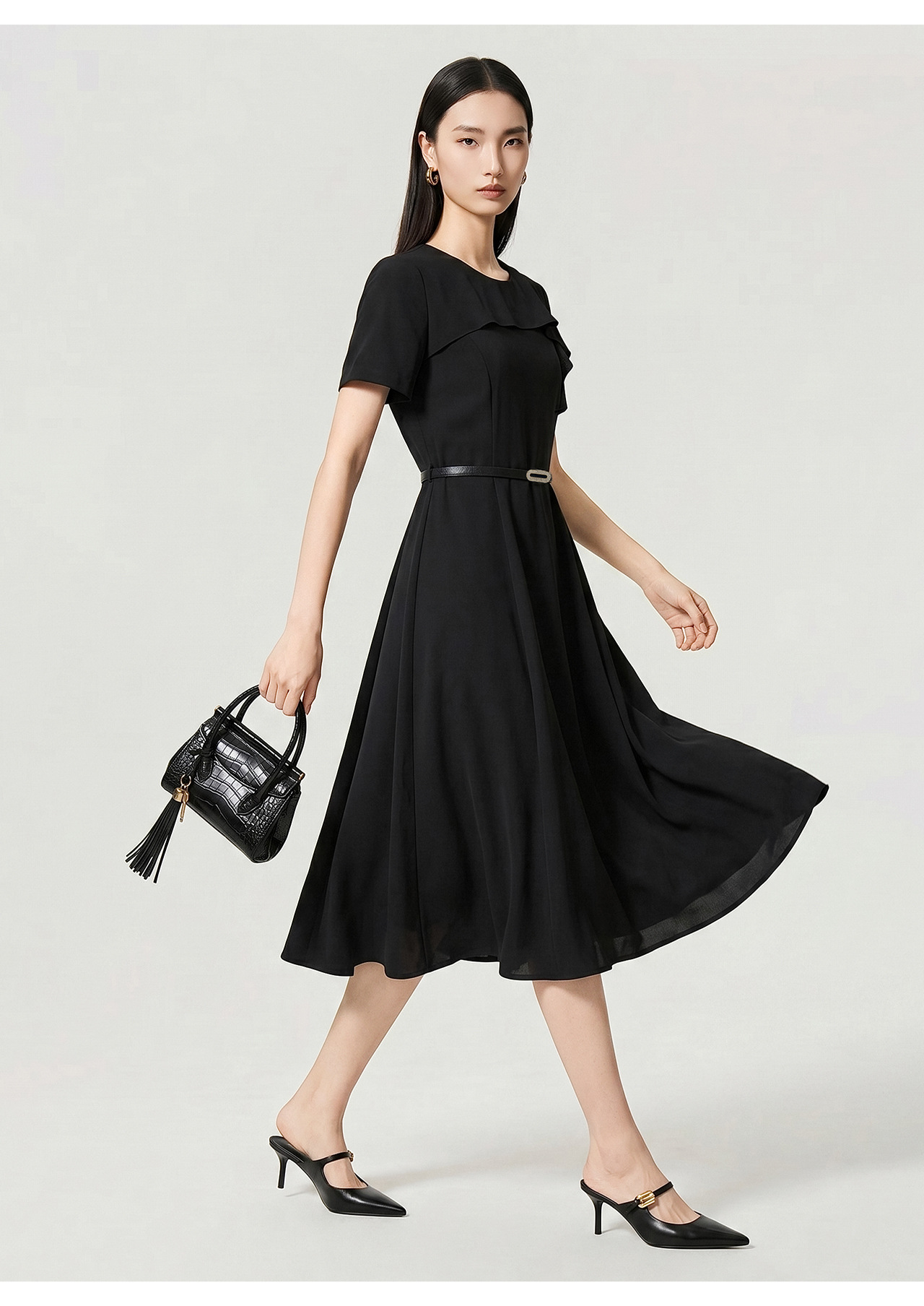 Đầm maxi nữ thắt eo chất liệu chiffon, cổ phiêu bèo nhún, tay ngắn — màu đen chi tiết 21