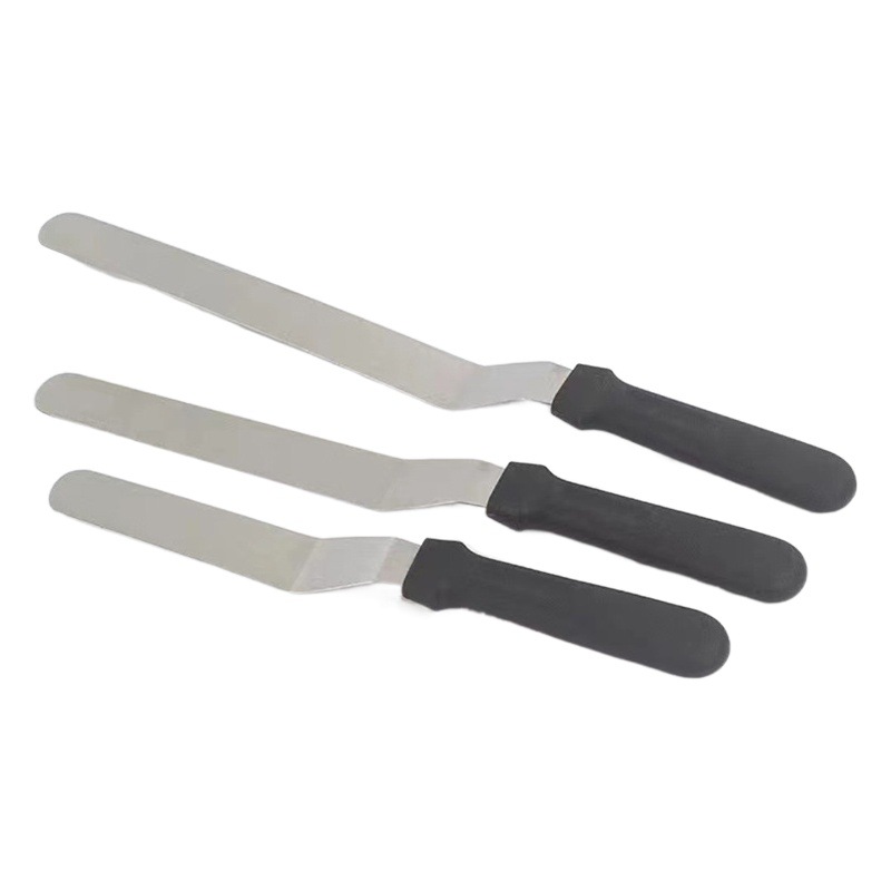 In stock special sale 0.7 thick 6 8 10 12 inch stainless steel plastic handle curved kiss spatula cake cream spatula