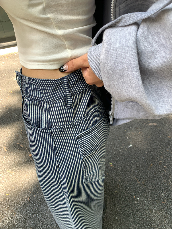 广州黄峥早秋穿搭休闲裤蓝色条纹阔腿裤女宽松百搭直筒裤子530871|undefined
