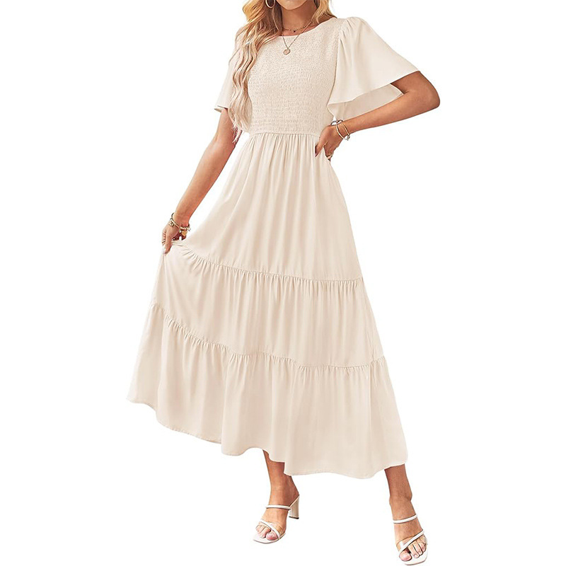 Women's summer casual butterfly short sleeve round neck solid color pleated A- line elegant beach mid-length dress