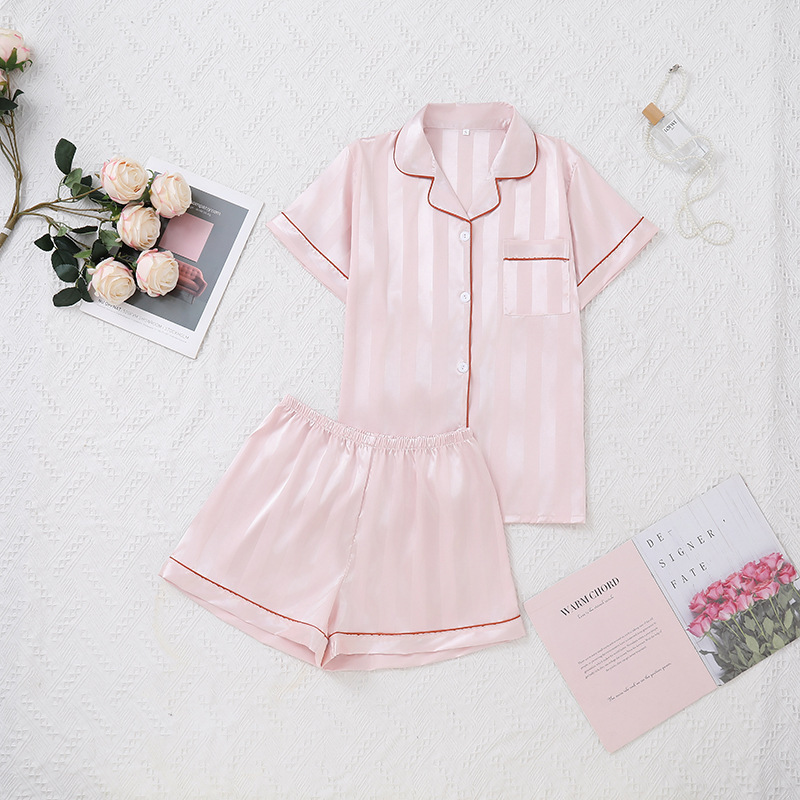 여성용 잠옷 세트 실크 대외 무역 여성 잠옷 홈 의류 스트라이프 반팔 반바지 세트