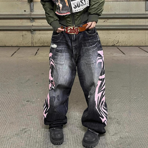 Euro-American Cross-border American Retro Print Denim Straight Leg Pants Street Loose Floor-Length Pants Unisex Pants Trendy