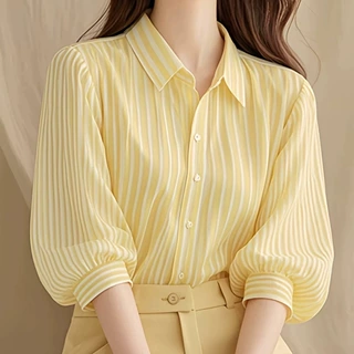 夏季2025新款法式绝美上衣高级气质七分灯笼袖条纹衬衫女