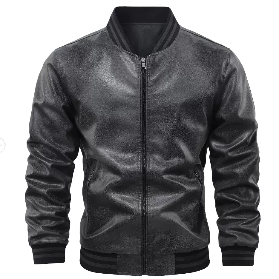 速卖通跨境欧码 外贸男装秋季休闲棒球领PU皮衣撞色外套水洗皮夹