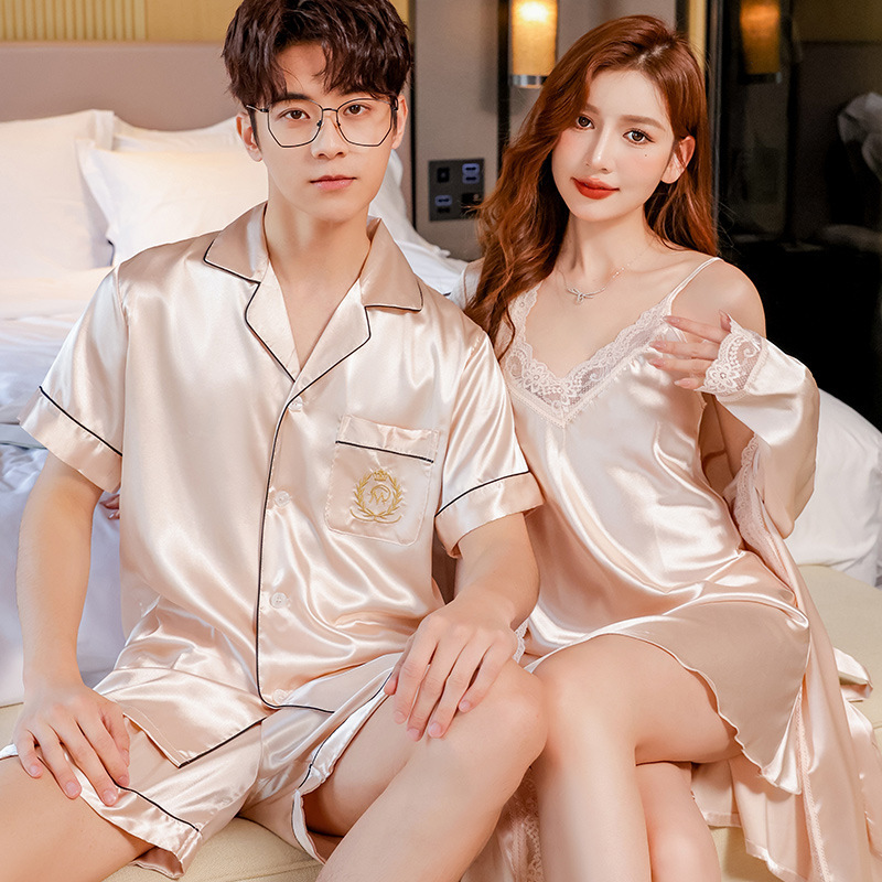Summer couple pajamas Women's Ice Silk thin sexy strap nightdress nightgown men's short-sleeved shorts home wear two-piece suit
