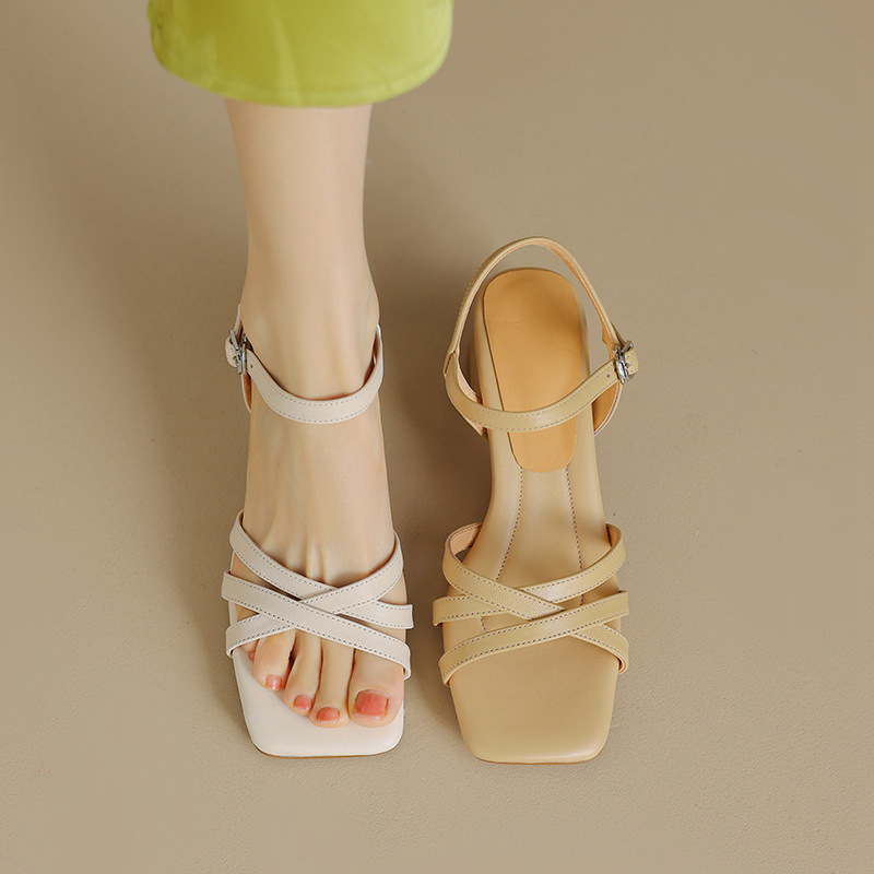 Sandal nữ quai ngang dệt sọc nhỏ da cừu, gót vuông ổn định, cỡ lớn 34–43 — Màu trắng be