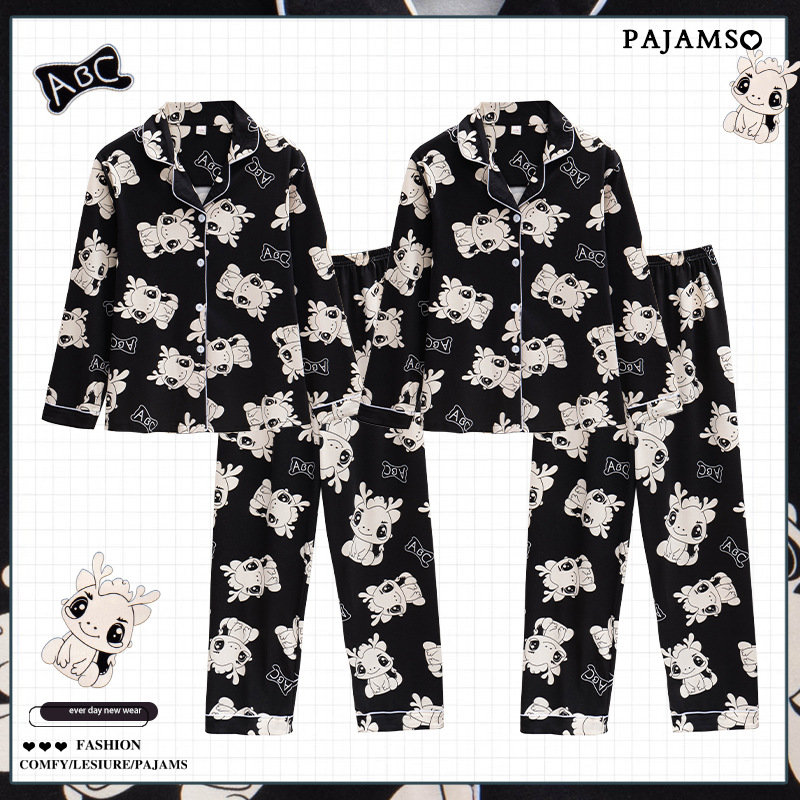 Pijamas de pareja de dragón negro primavera y otoño de manga larga de algodón puro de las mujeres 2024