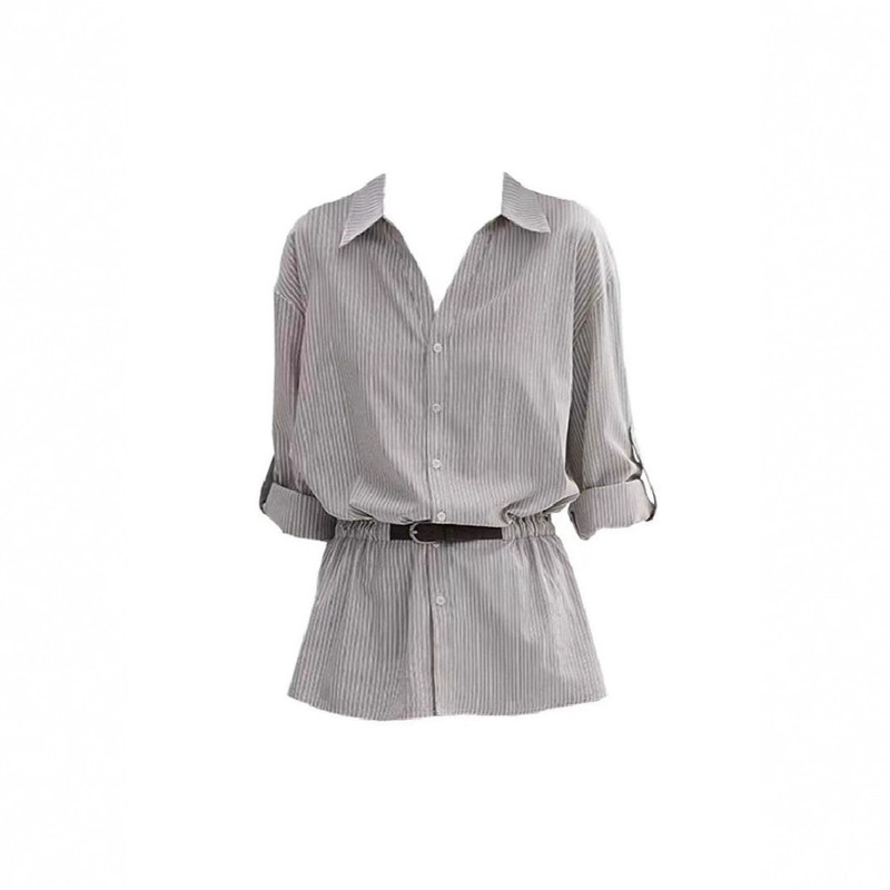 French Unique Design V Neck Waist Stripesd Loose Shirt for Women Early Autum New Elegant Casual Work Clothing Top