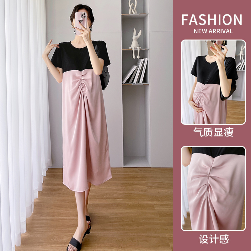 Real shot spot pregnant women's dress summer skirt satin pleated temperament design stitching long skirt