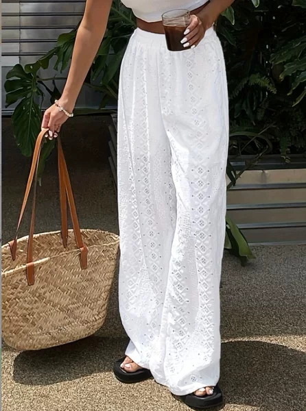 2026 Cross-Border European and American Amazon Women's Summer Solid Color Hollow Embroidery Casual Elastic Waist Long Pants Versatile Casual Wear