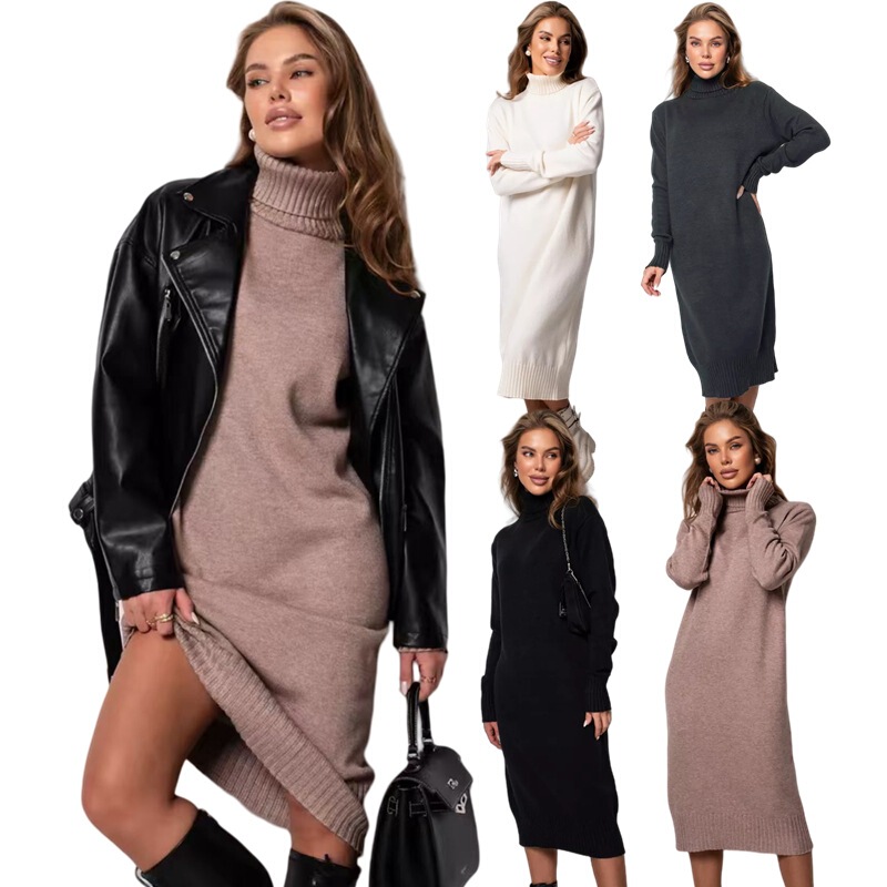 Amazon Cross-Border Autumn and Winter New Foreign Trade Loose Large Size Long Dress High-Neck Solid Color Knit Sweater for Women
