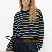 MC25春季新品撞色条纹透气长袖T恤 精纺落肩袖短款女休闲宽松上衣