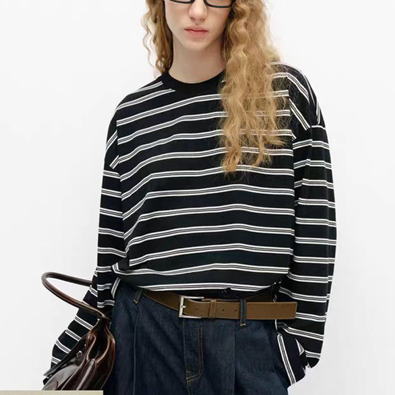 MC25春季新品撞色条纹透气长袖T恤 精纺落肩袖短款女休闲宽松上衣