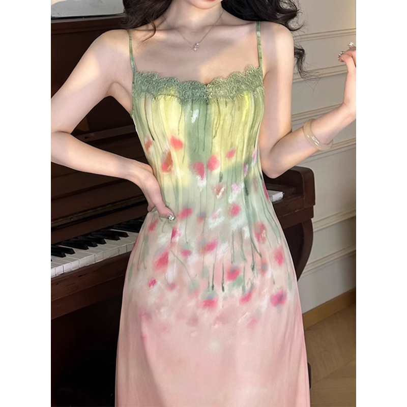 法式复古气质方领吊带裙秋夏温柔风高腰露背碎花连衣裙女|undefined