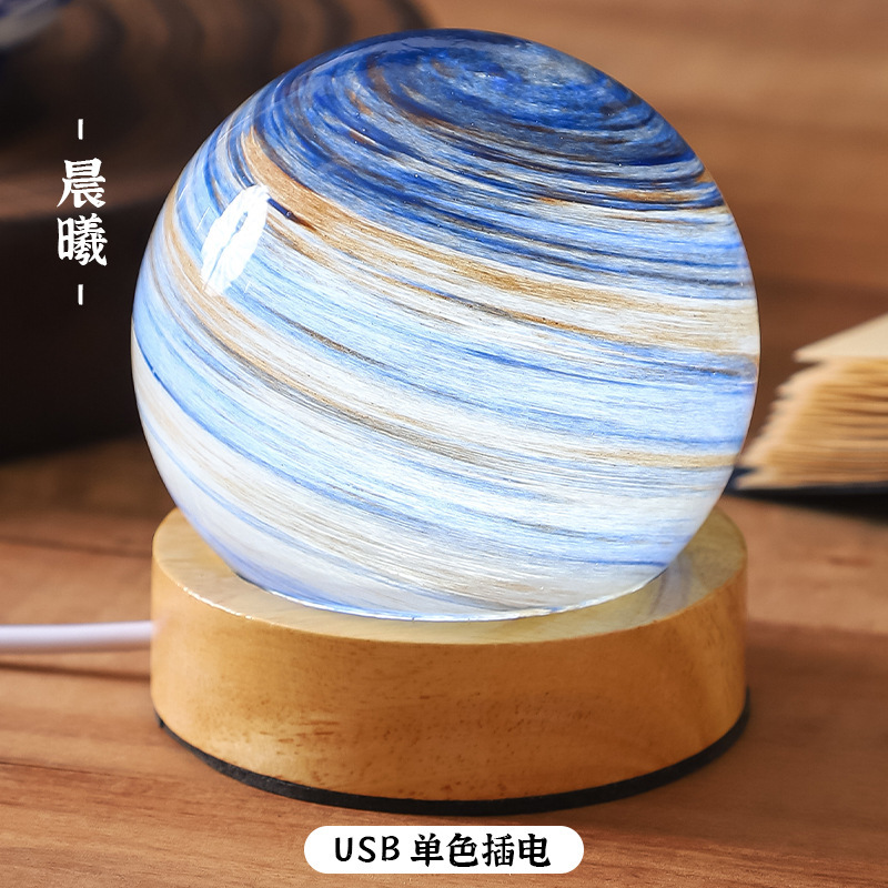 跨境星球灯星空灯极光台灯罩一体暮光星球小夜灯创意原木床头灯礼|undefined