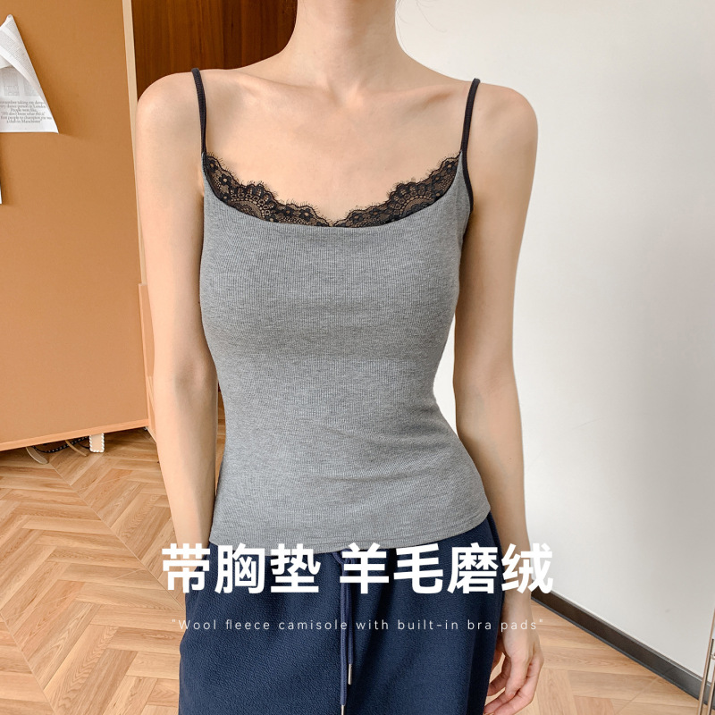 羊毛坑条磨绒吊带背心女复古撞色蕾丝带胸垫内搭打底保暖无袖上衣|undefined