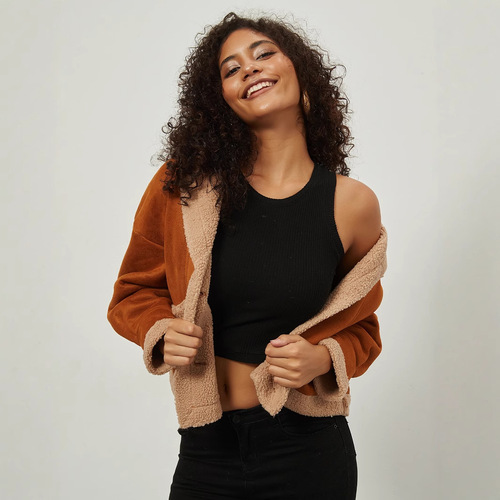 Women's winter collared leather and fur lined loose warm thick insulated coat top