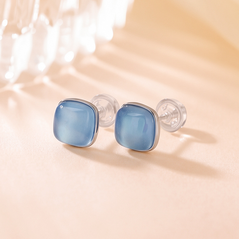 Khuyên tai nữ bạc S925 đính đá aquamarine hình vuông phong cách tối giản — Bạc