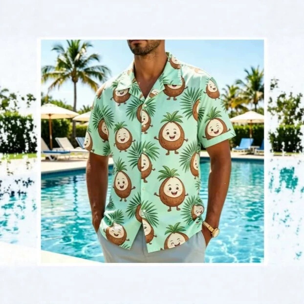 Men's Playful and Fun Cartoon Fruit Print Hawaiian Shirt for Pool Parties, Vacation, and Everyday Wear Men's Playful and Fun Cartoon Fruit Print Hawaiian Shirt for Pool Parties, Vacation, and Everyday Wear