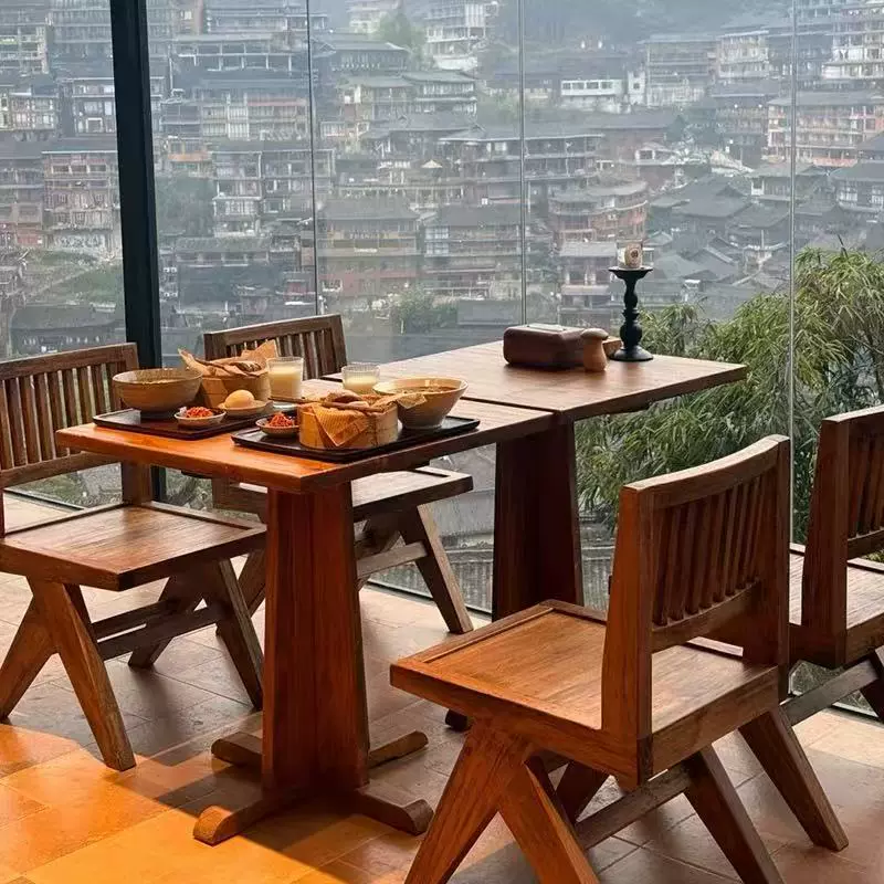 中古风老榆木餐桌复古方桌单人靠背椅子民宿咖啡厅民宿小酒馆桌椅