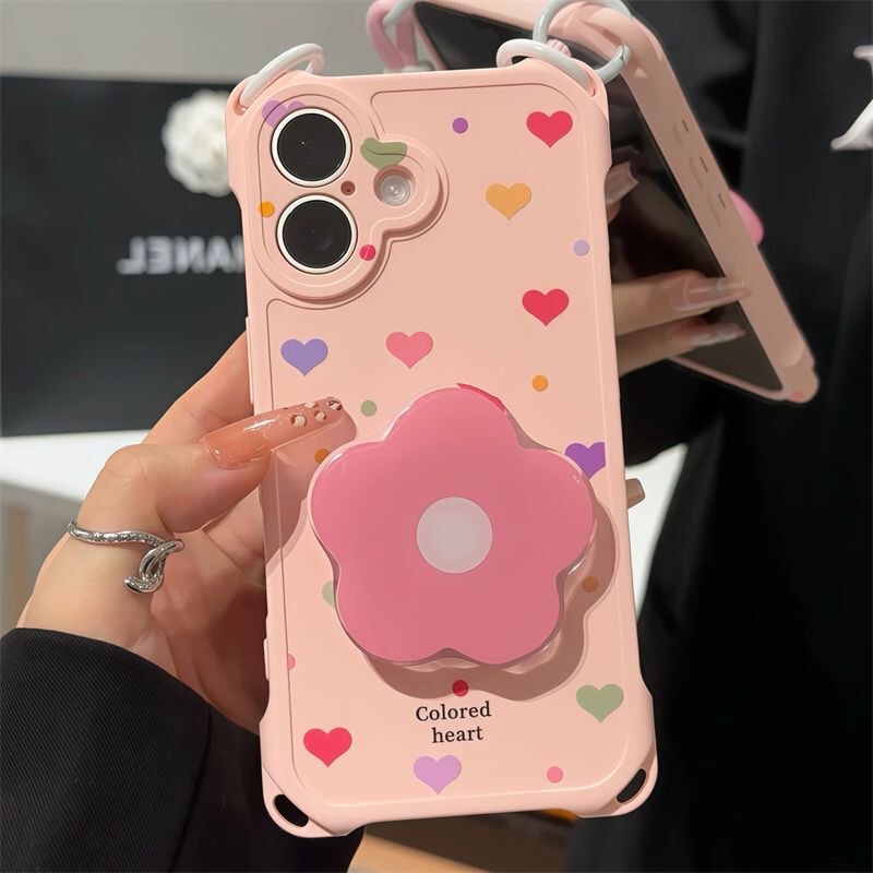 ins粉爱心花朵支架挂绳适用iPhone苹果16手机壳华为vivoppo小米15|undefined