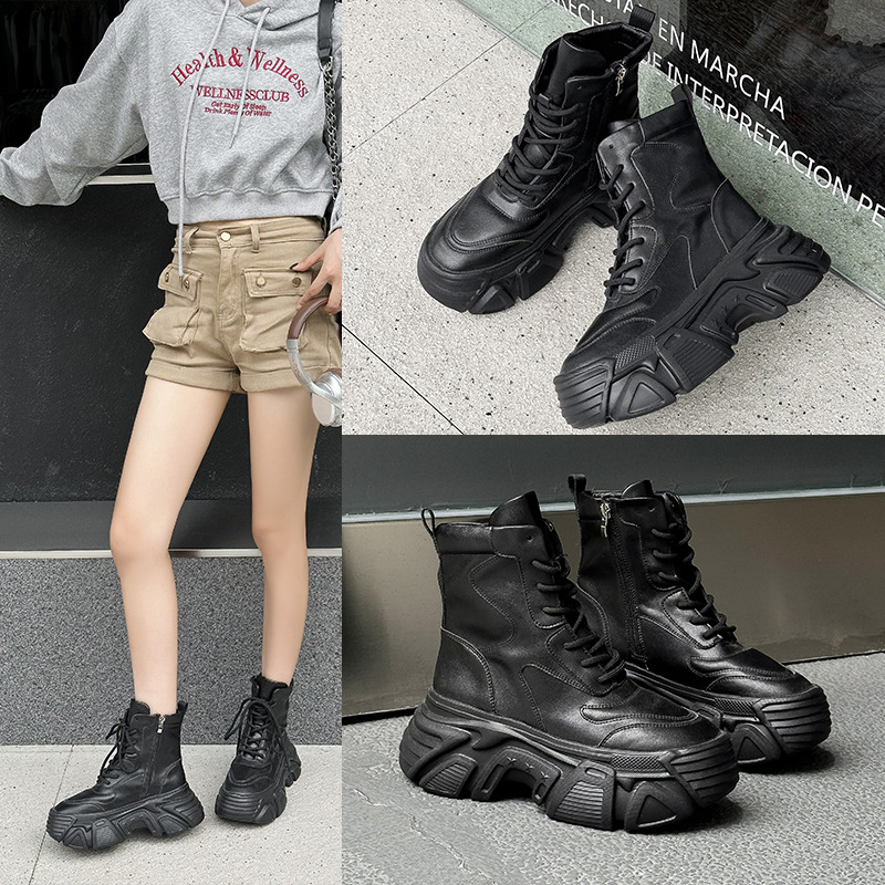 Genuine Leather High-Top Shoes for Women 2026 Spring and Autumn New Popular Thick-Soled Fleece-Lined Height-Increasing Casual Trendy Wear-Resistant Short Boots