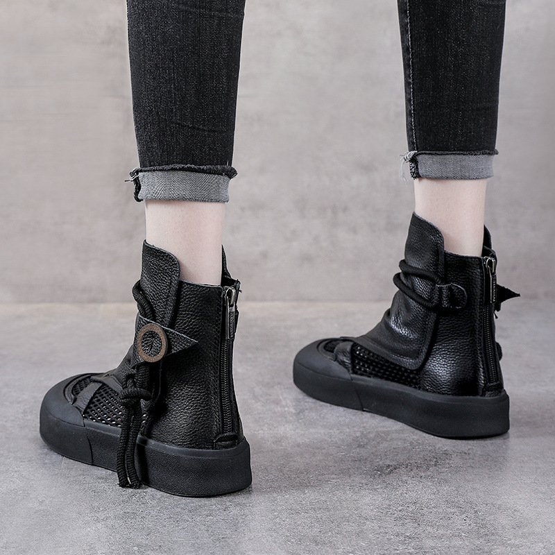 Boot Martin lưới mùa hè da bò thật cổ cao ôm bắp chân — Màu nâu