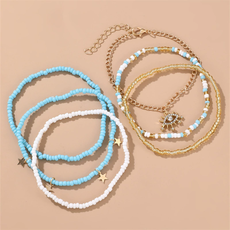 Комплект anklet (браслет на щиколотку) в пляжном бохо-европейском стиле, многоцветные бисерные цепи (разноцветные)