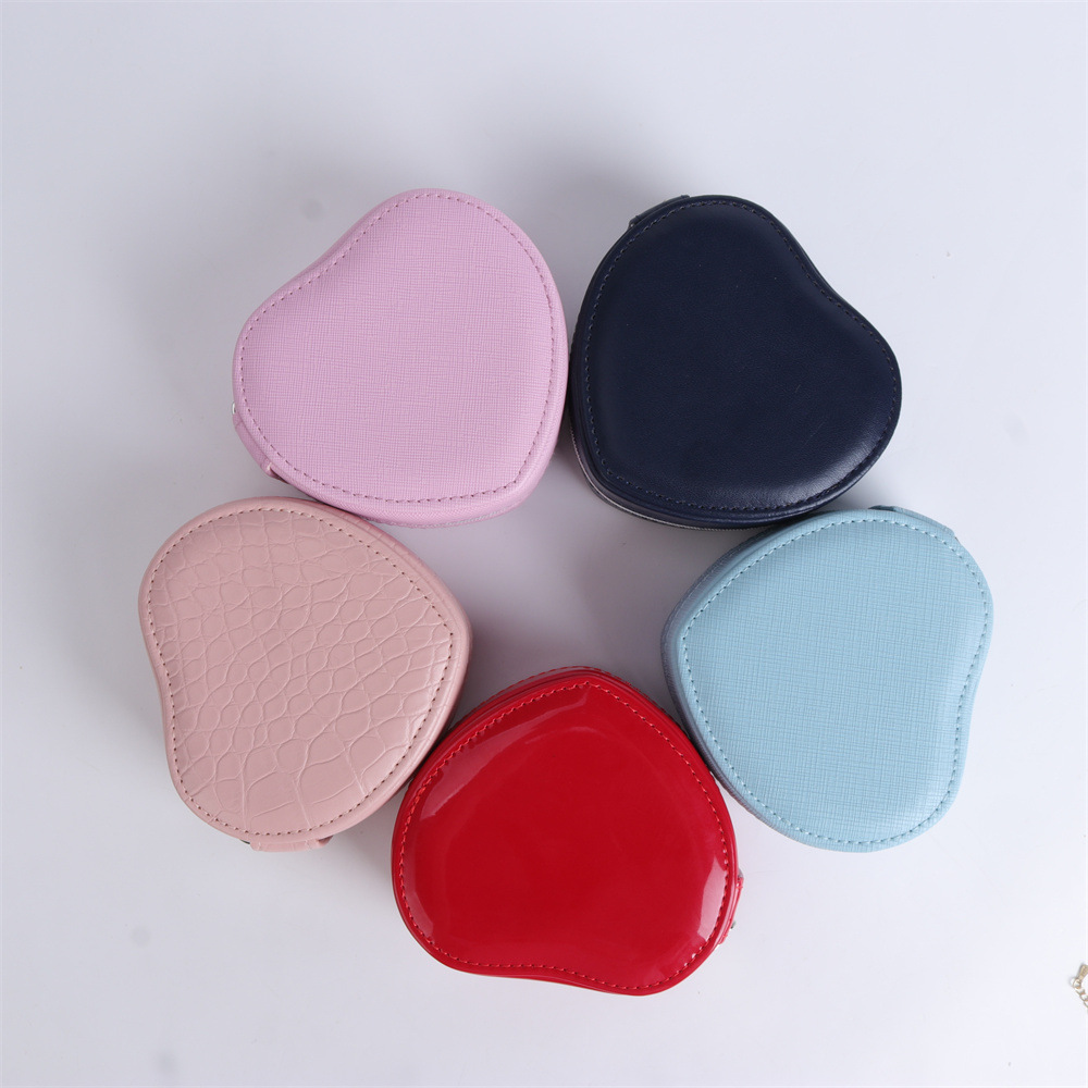 迷你心形首饰盒女士旅行高档小尺寸PU皮革桃心拉链首饰包跨境专供