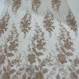 撒洒珠子金粉发泡工艺花边婚纱辅料晚礼服立体网纱布面料厂家直销