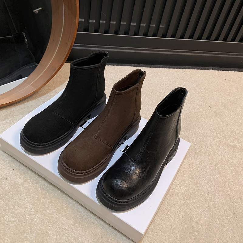 8cm Height-Increasing Short Boots for Petite Women, Martin Boots, Autumn and Winter Retro Suede Genuine Leather Short Boots, Thickened and Warm