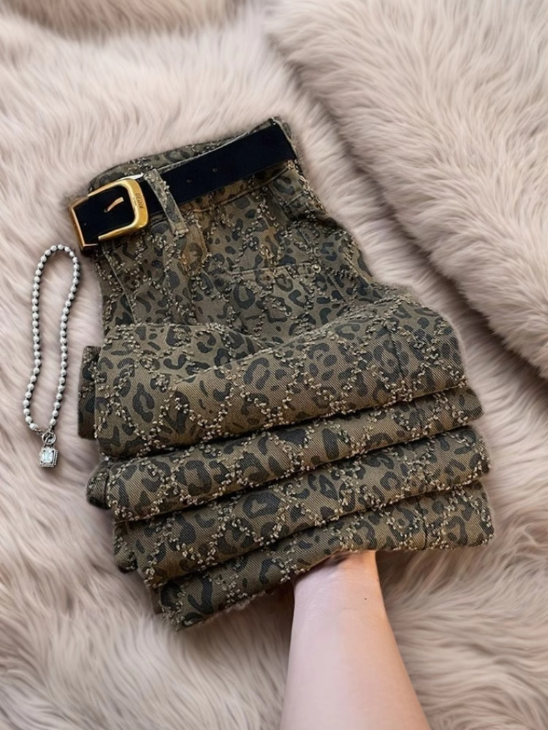 Dames jeans hoge taille luipaardprint rechte denim broek stretch_voghion.com