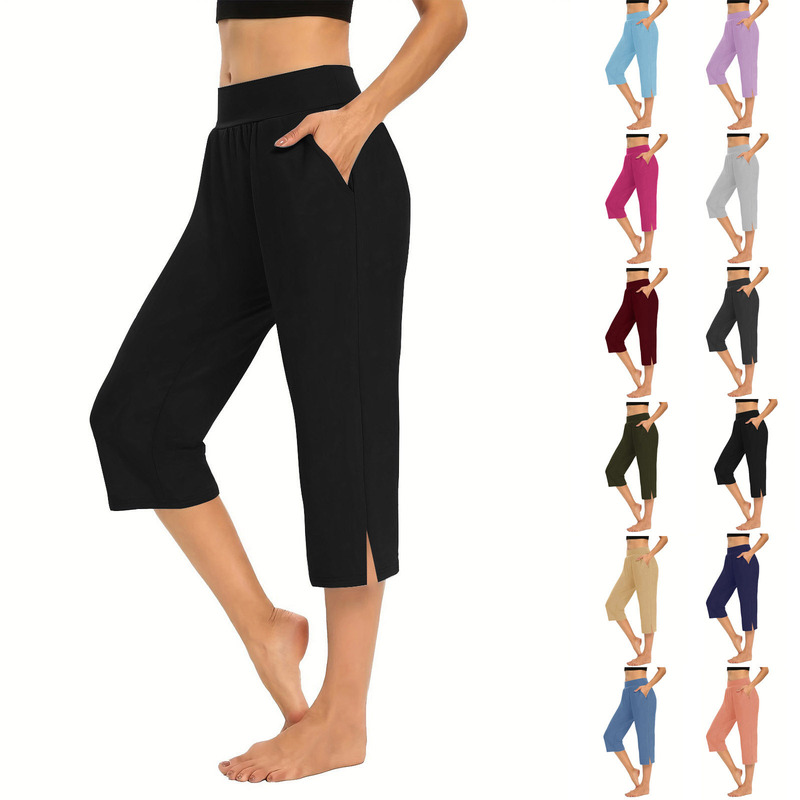Amazon wish women's new pocket drawstring solid color cropped sports yoga straight tube split casual pants