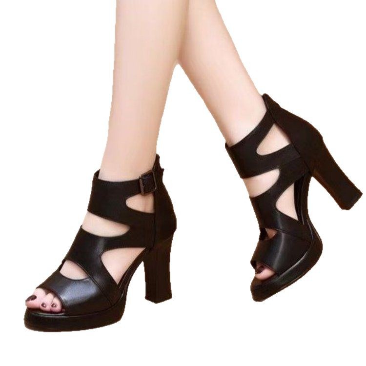 Sandalias de tacón alto boca de pez hueca Roma 2025 nuevas sandalias verano impermeable para mujer todo fósforo con sandalias de mujer de tacón grueso