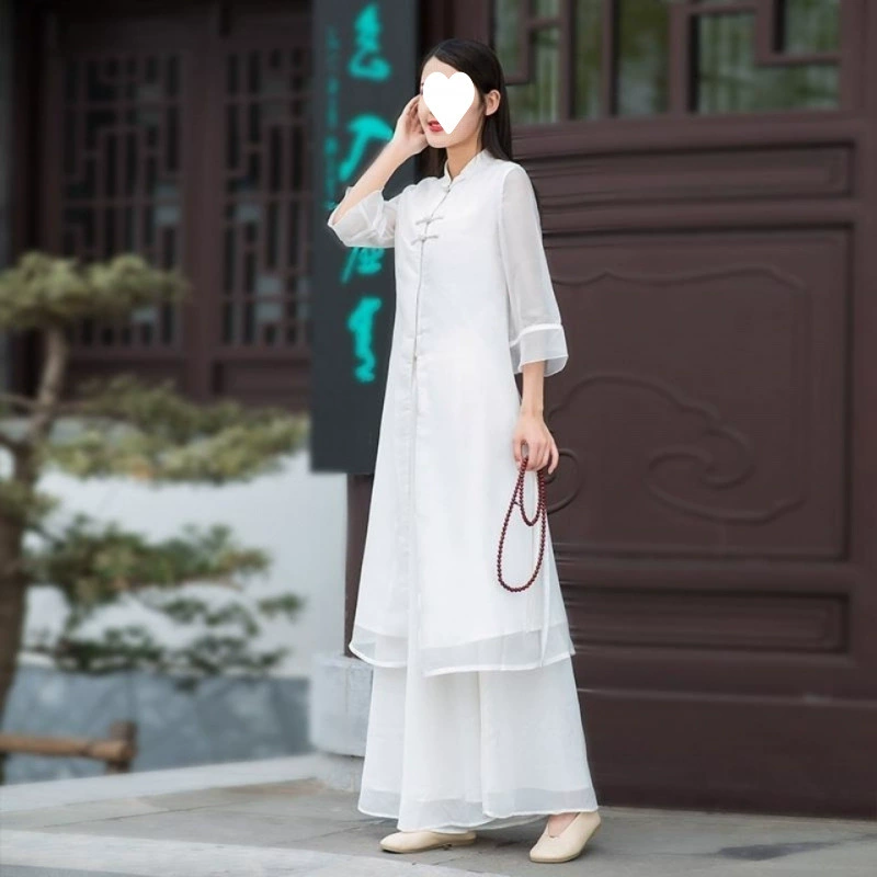 Одежда для чая дзен, улучшенный женский костюм династии Хань в литературном ретро, ​​этническое тонкое шифоновое платье Cheongsam в китайском стиле, сказочное платье