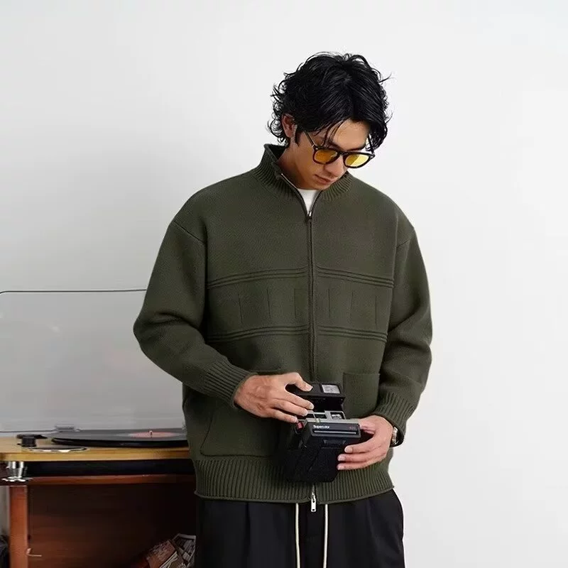 Вязаный кардиган куртка с половинным воротником Мужская мода простая экстравагантная квадратная жаккардовая куртка свитер