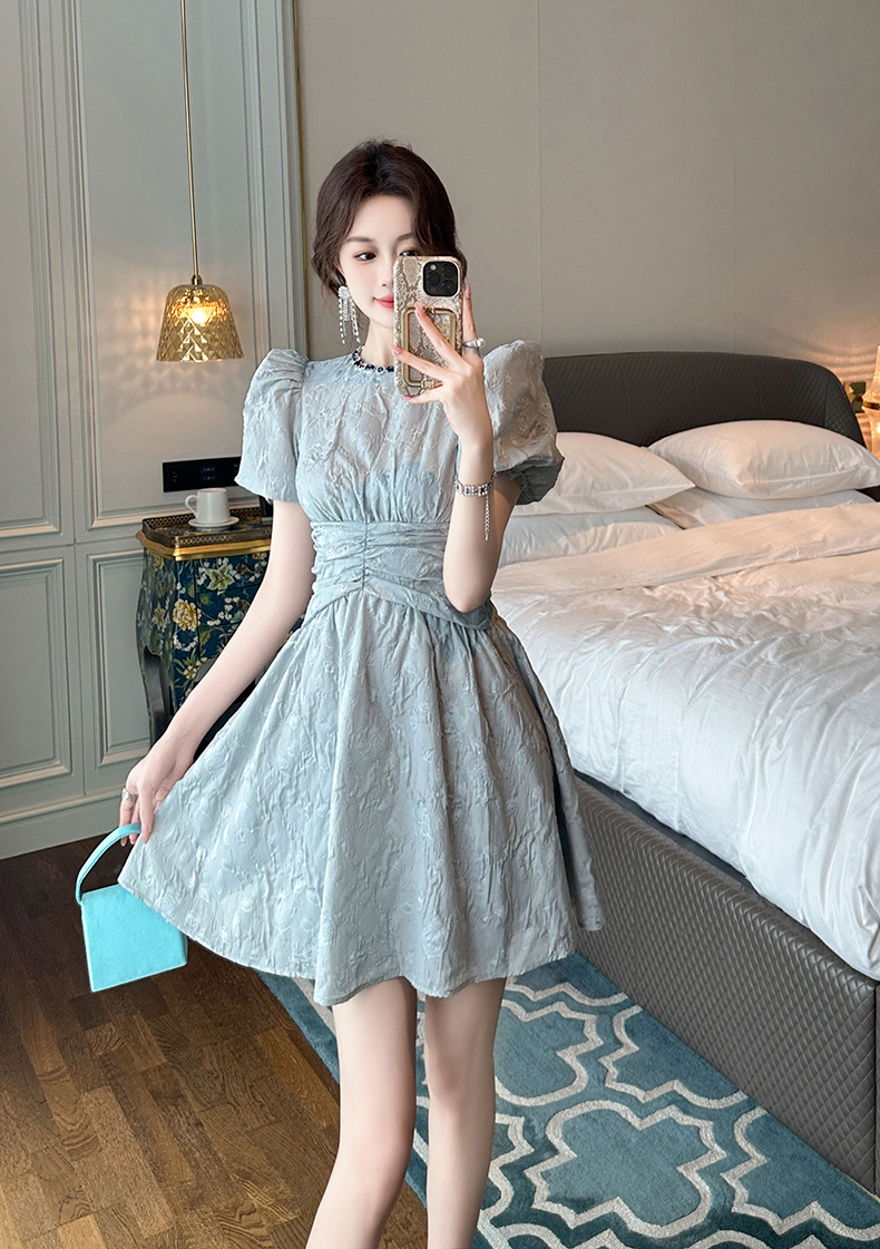 Váy chữ A retro cổ tròn tay bồng eo thon dáng xòe — Màu xám chi tiết 6