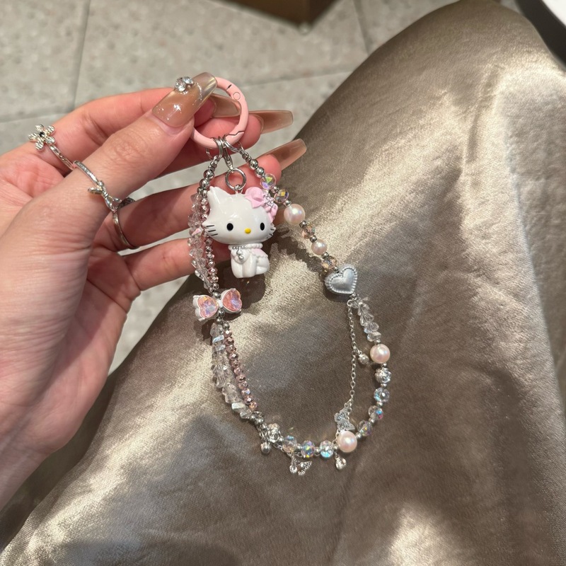 粉色蝴蝶结玛丽猫kitty串珠手机链少女心手机挂链钥匙扣链ccd挂件|undefined