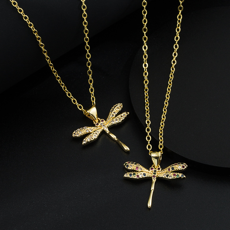 fashion Copper Plating 18K Gold Micro Inlaid Zircon Dragonfly Pendant Necklace
